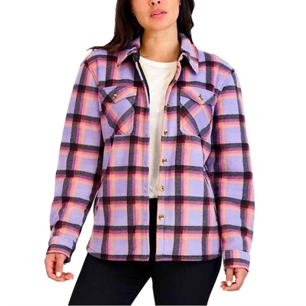 SAGE‎ COLLECTIVE Womens Plaid Sherpa Lined Shacket Jacket M/M Lavender Pink